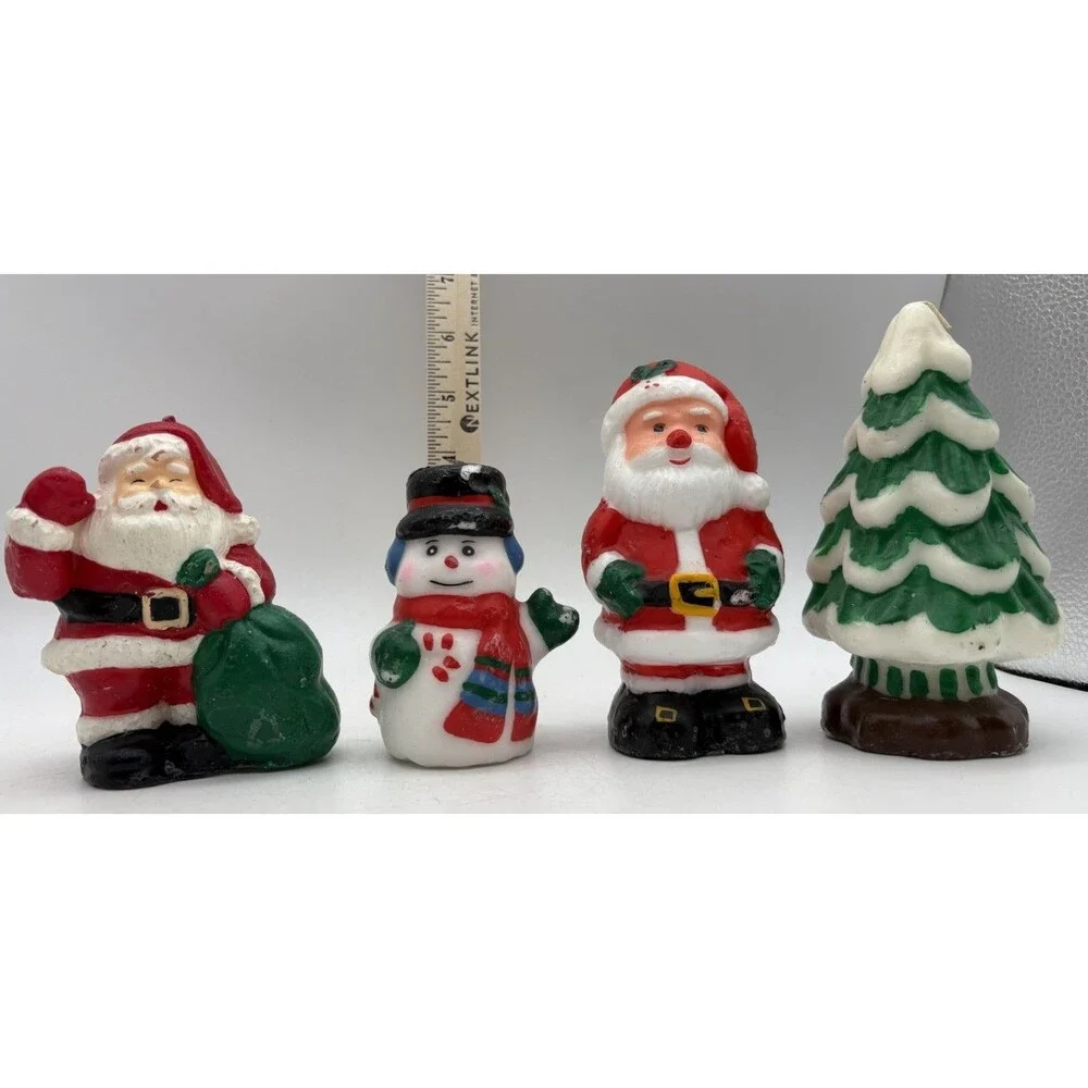 Vintage Christmas Figural Wax Candles Lot 4 Santa Snowman Tree Retro Decor